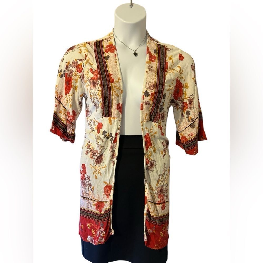 Knox Rose Cream & Red Floral Boho Open Kimono Cardigan - Size XS - Picture 3 of 10